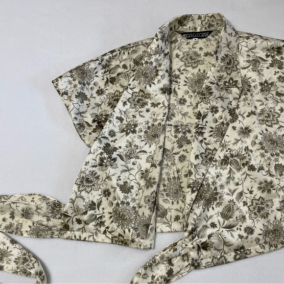 Vintage Silk Satin Tie Front Crop Top Green Floral - Picture 6 of 16